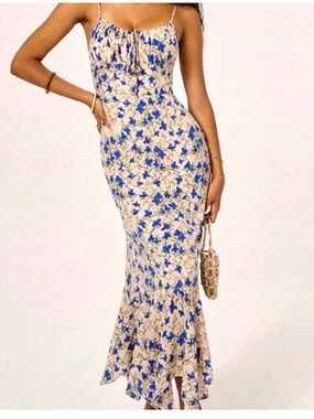 Commense Blue Floral Spaghetti-Strap Midi Dress  NWT